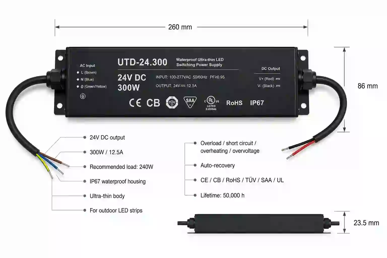 Rozměry a certifikace LED napájecího zdroje UTD 24V 300W IP67 260x86x23,5mm CE CB RoHS TÜV SAA UL životnost 50000h